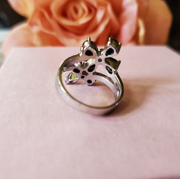 Sterling Silver 925 Blue Topaz Black Sapphire Ring Flower Floral SIZE 7.75 J-475 - Picture 7 of 12